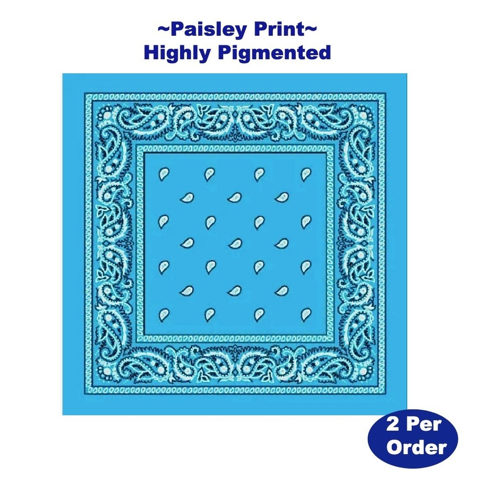 Paisley Bandana Scarf Head Wrap Face Covering 22" Highly Pigmented 2PK Aqua